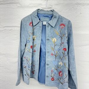 Jessica Holbrook Vintage Jacket Blue Suede Leather Floral Embroidered Cottage